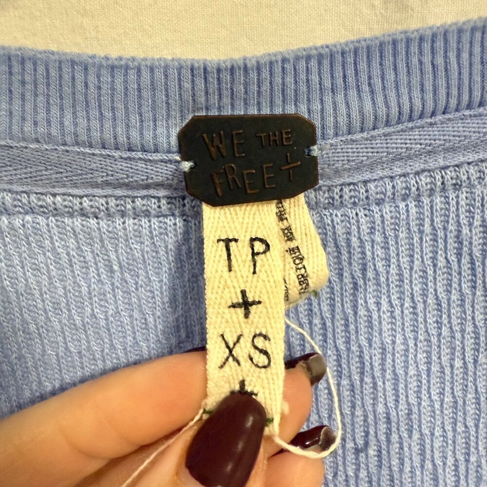 Free People We the Free Rainbow Embroidered Thermal Long Sleeve Blue Top Size XS - Picture 6 of 10